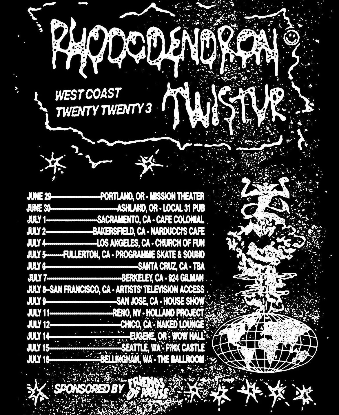 Rhododendron and TWISTUR West Coast 2023 tour poster